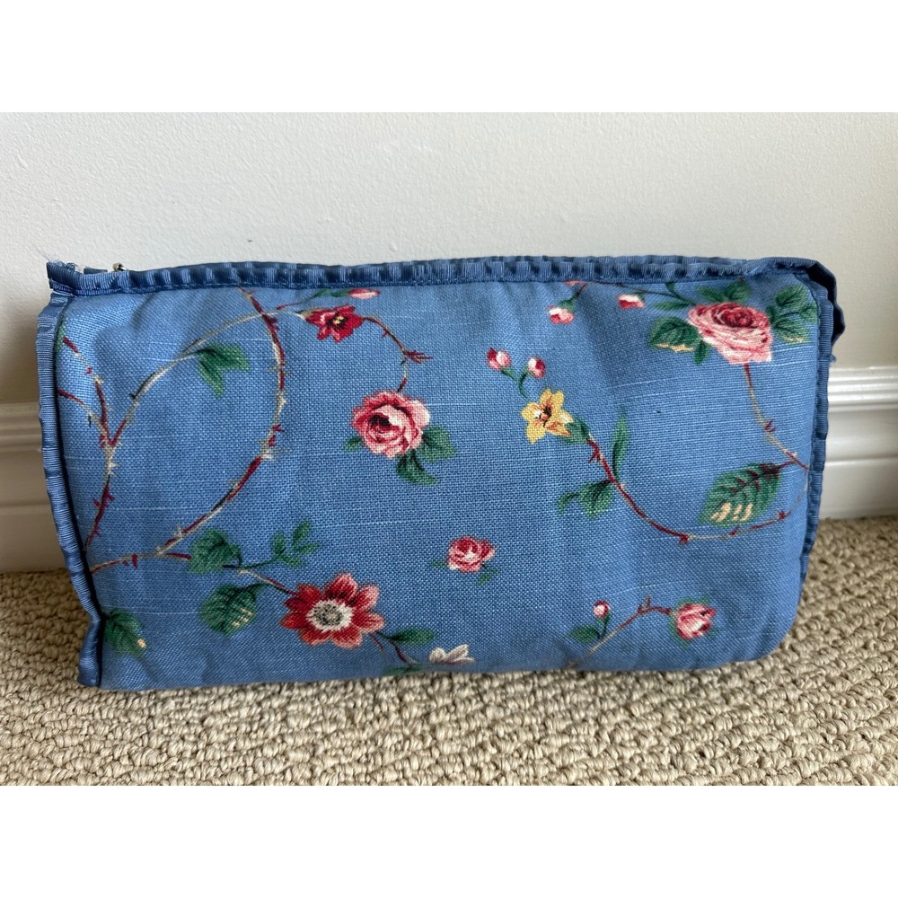Oscar de la Renta Blue Floral Cotton Cosmetic Bag N20775 Zipper Pouch